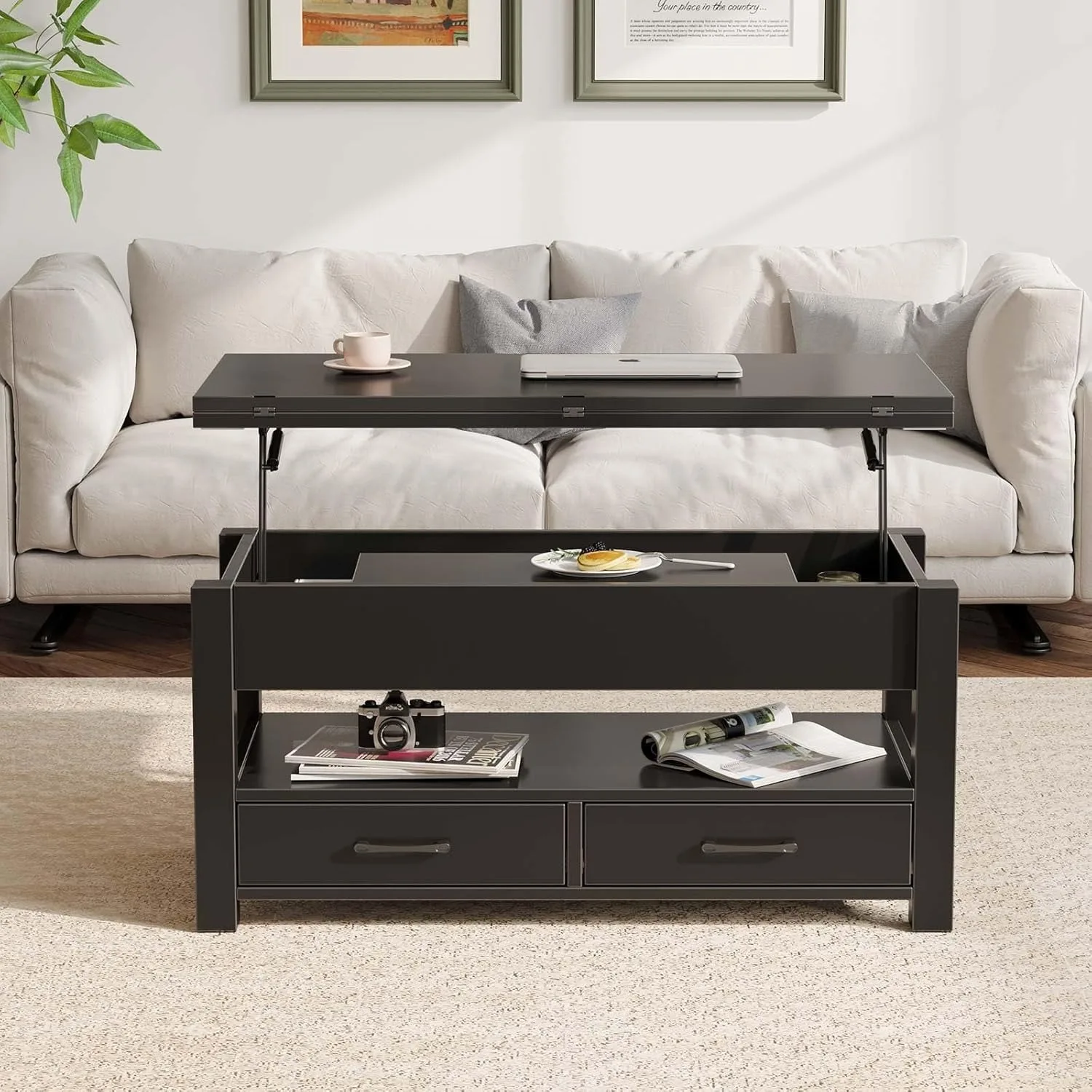 Coffee Table Lift Top, Multi-Function Convertible Coffee Table with Drawers and Hidden Compartment, Coffee Table Converts 2