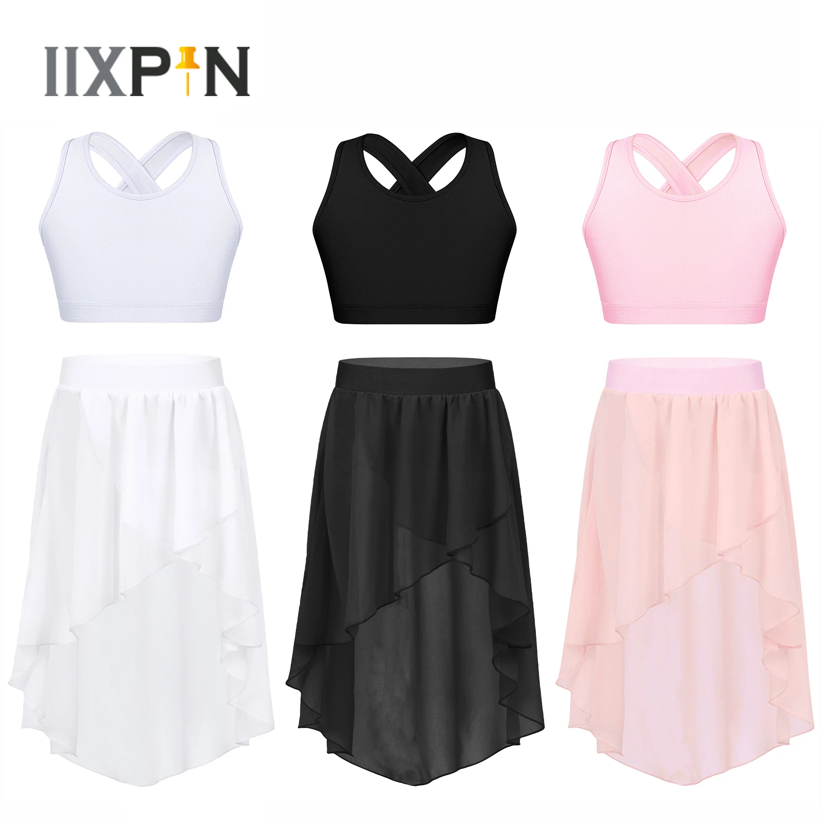 

Kids Girls Ballet Dance Costume Sleeveless Tanks Bra Cross Crop Top+Elastic Skirt Outfit for Ballet Dance Performance Sportswear