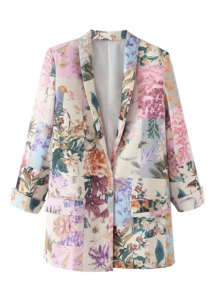 

BBWM 2022 Women Autumn Fashion Flower and Bird Print Blazer Casual Long Sleeves One Button Flap Pocket Female Chic Jacket
