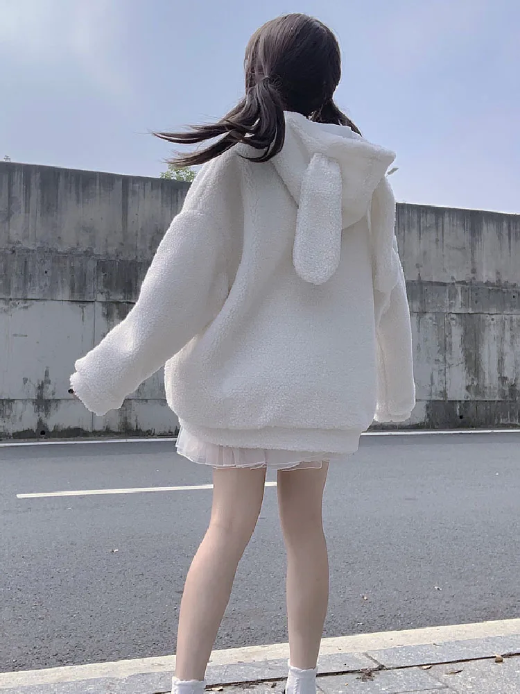 Lolita Sweet Kawaii Preppy Style Women Coat Hooded Rabbit Ear Winter Thicken Plush Outerwear Solid Zipper Women Jacket Female