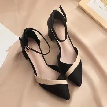 Womens Classic Heel Pointed Shoes for Party Ladies Spring Summer Black Buckle PU Leather 2026