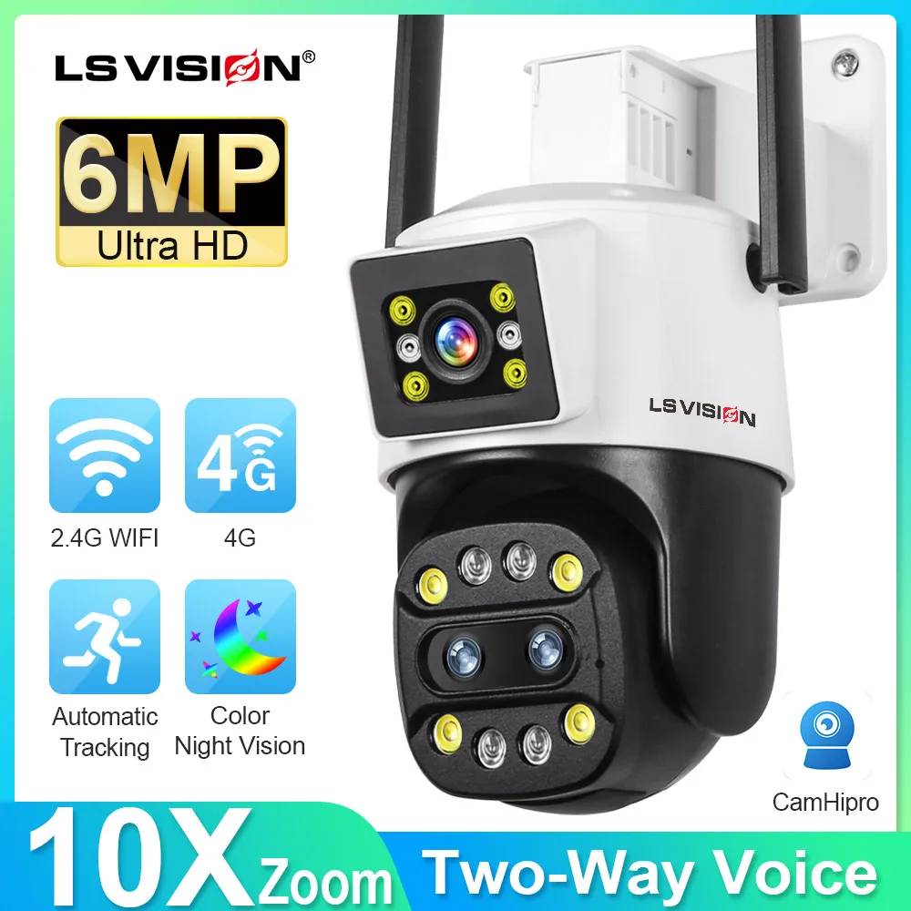 

Охранная Камера LS VISION с 10-кратным увеличением, двойной объектив, двойной экран, обнаружение искусственного интеллекта, 4G Ночное Видение 4G /WIFI Cctv APP/ПК управление