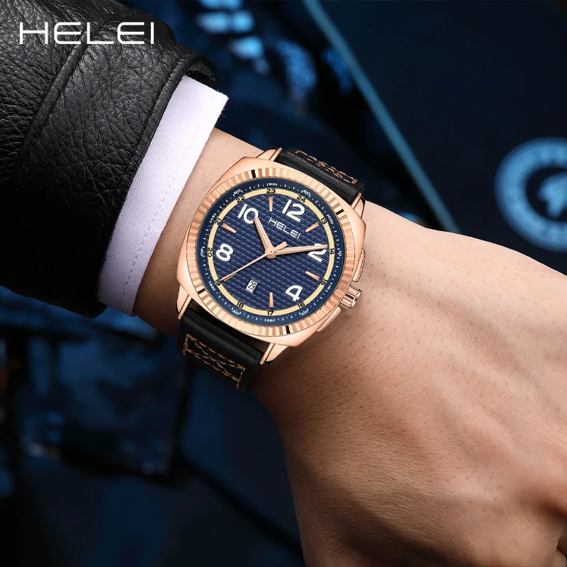 HELEI hot sale new leather men's watches men's luxury watches quartz watches waterproof men's watches gift for men