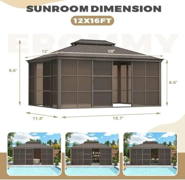 12' x 16' Sunroom, All-Season Solarium Gazebo with Sliding Doors & Lockable PC Screen Walls, Outdoor Permanent Sunroom with