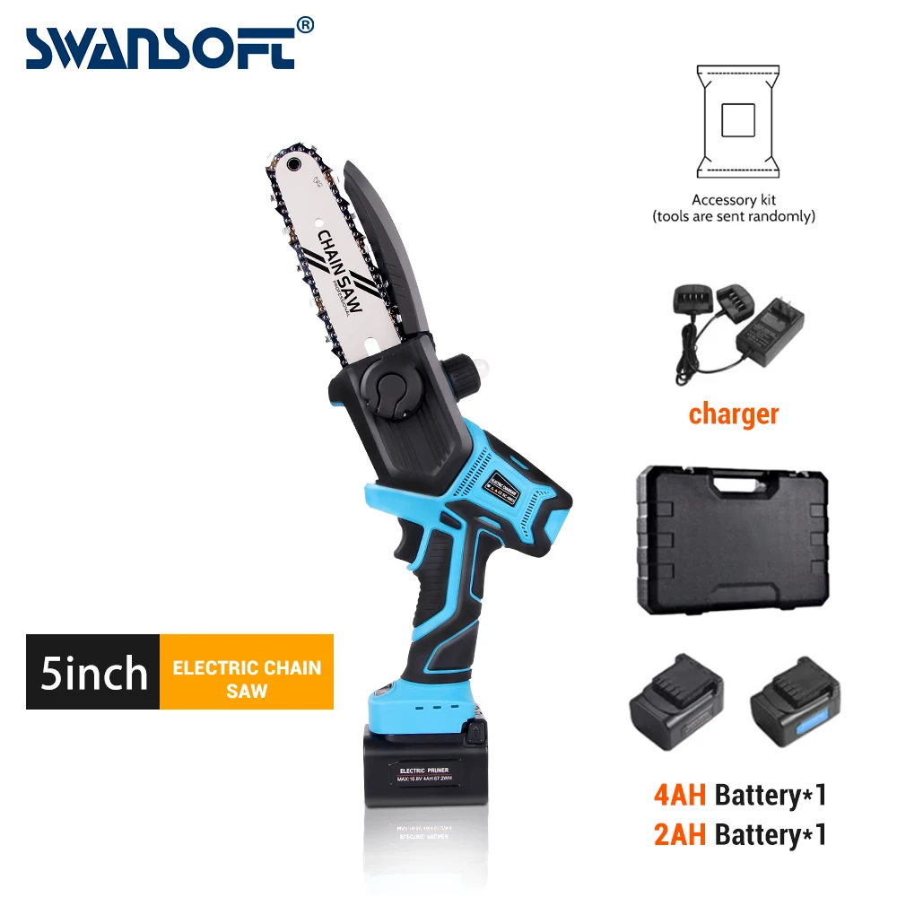 

5 INCH Electric Saw Mini Chain Saw One-handed Saw 2PCS Li-ion Battery Woodworking Tool For SWANSOFT Battery EU Plug