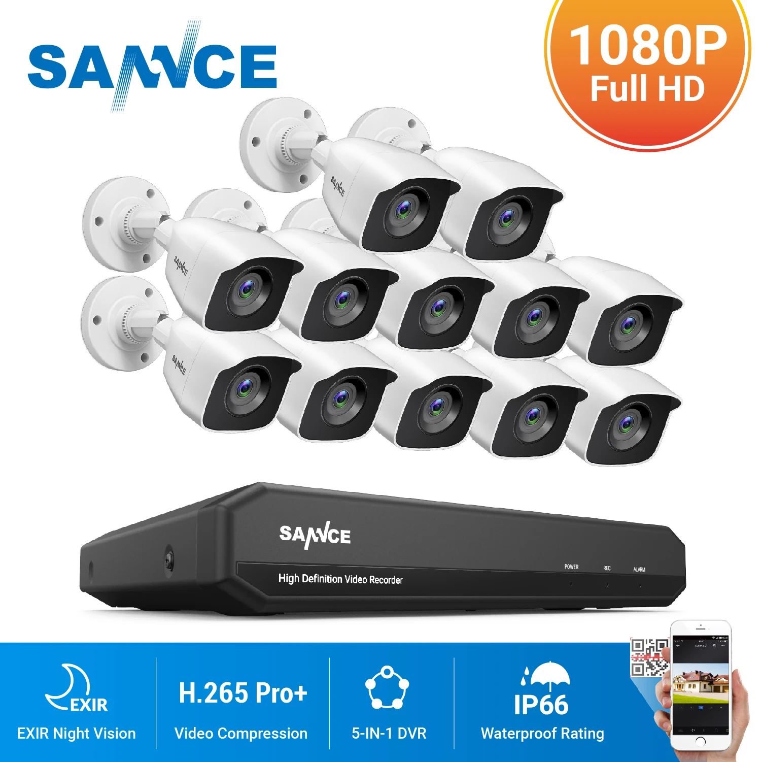 SANNCE 16 Channels CCTV Security System 16CH HD 1080P DVR 12PCS 1920