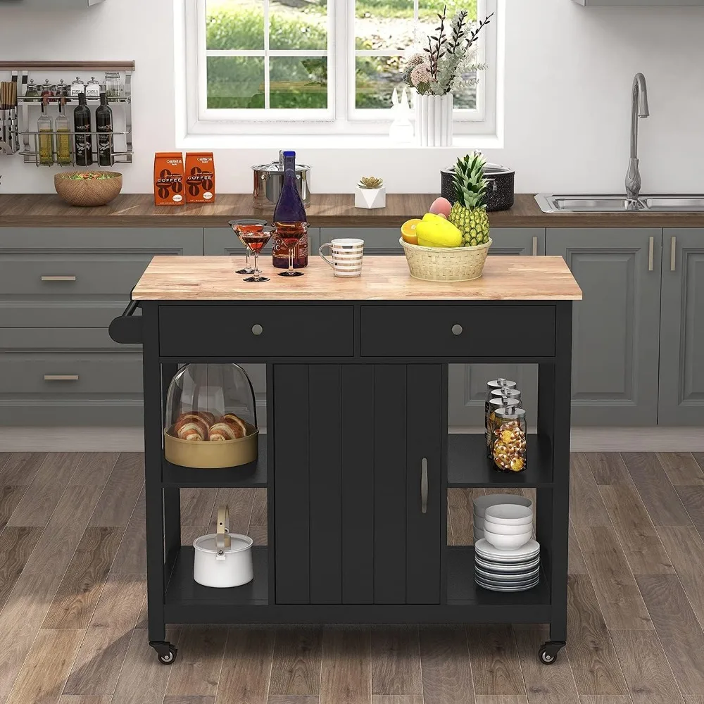 Kitchen Islands on Wheels with Wood Top Utility Wood Movable Kitchen Cart with Storage and Drawers