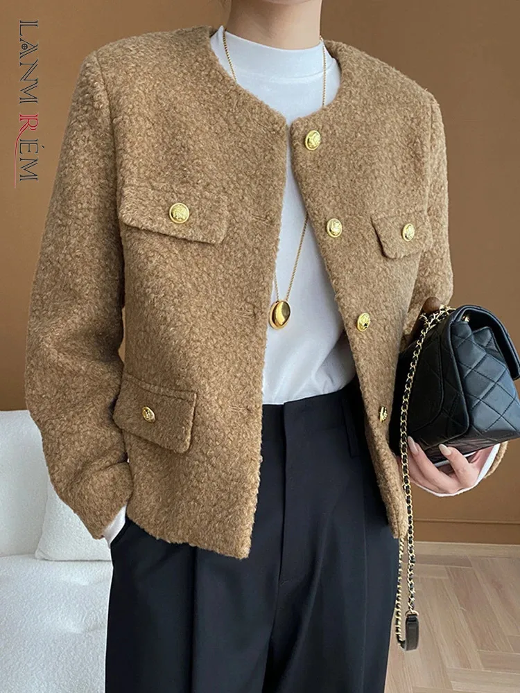 

[LANMREM] Elegant Tweed Coats For Women Round Neck Single Breasted Office Lady Jackets Fashion Tops 2024 Spring New 26D8040