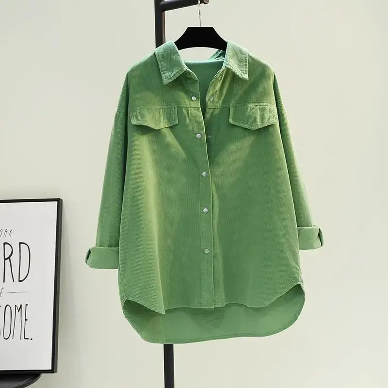 Women Spring and Autumn New Polo Neck Corduroy Shirt Fashion Candy Color Cardigan Button Pocket Panel Long Sleeve Versatile Tops