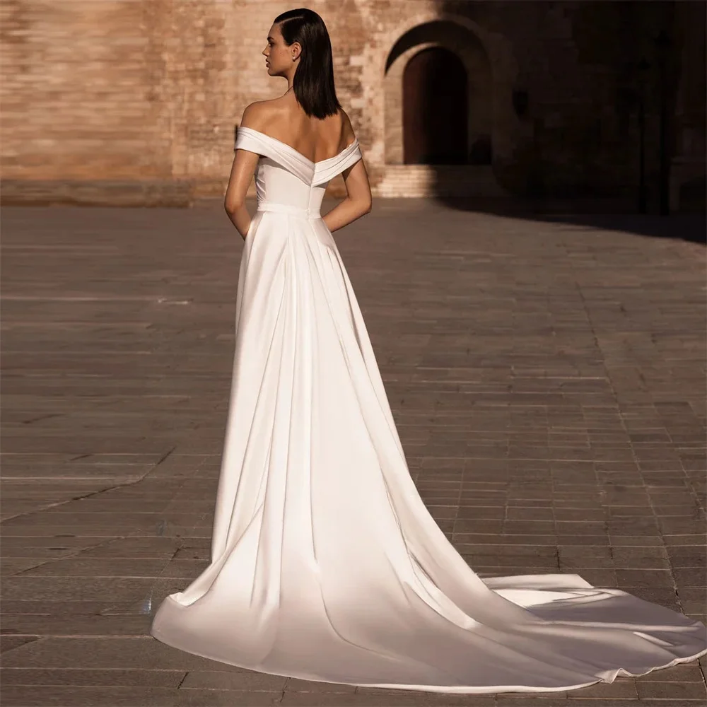 Customize To Measures Simple Off Shoulder Satin V Neck A-Line Wedding Dress High Slit Zipper Back Court Train Bridal Gown