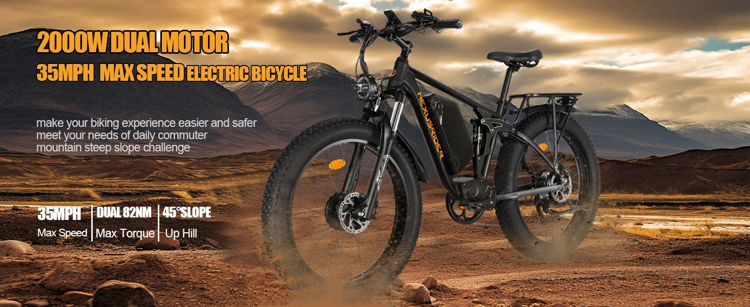 Electric Bike for Adults 2000W Dual Motor 35MPH Fastest Ebike, 48V 22.4Ah Switchable RWD AWD Ebike 26” Fat Tire Full Suspension