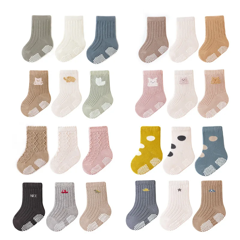 Lot de 3 paires de chaussettes anti-aldes pour nouveau-né, 4 saisons, mignonnes, solides, en coton, coordonnantes, pour garçons et filles de 0 à 8 ans