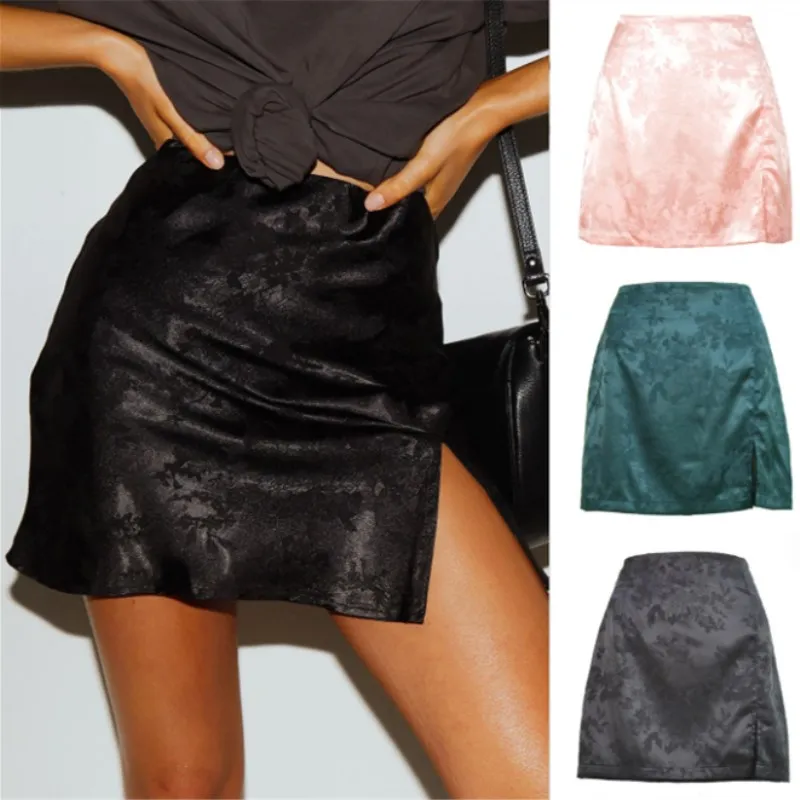 black midi skirt 2021 Spring  Summer Women's Clothing European  American Split Skirt Sexy Jacquard Satin High Waist Zipper Skirt  Pink tennis skirt outfits