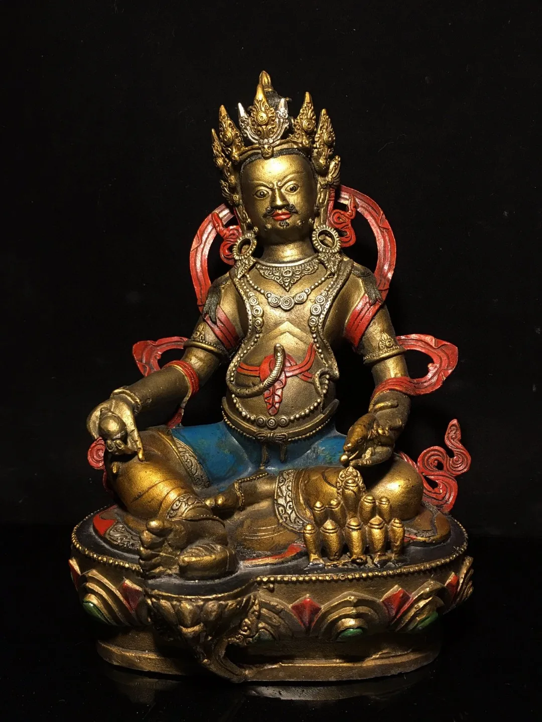 

Непальское тибетское старое бронзовое тело, позолоченное золото, окрашенное буддой, желтый Бог богатства, украшение 30 см, коллекционное украшение для дома
