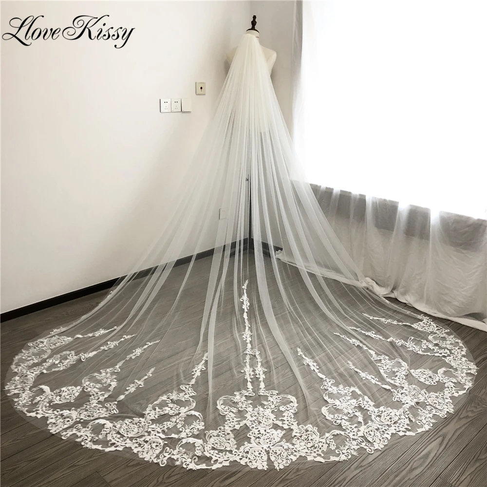 Long Bridal Veil  Wedding Veil With Comb Classic White Ivory Cathedral  Veil Lace Applique Veil For Bride 300Cm Velo Da Sposa