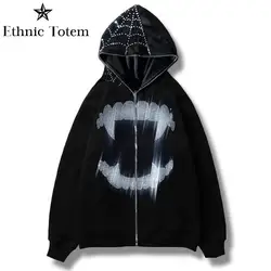 Y2K Zip Up Hoodie Men Skull Zipper Vintage Y2K Coat Oversized Hoodies Harajuku Streetwear Demon Sweatshirts Spider Men Women