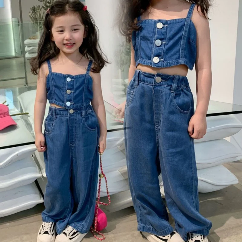 

Children's Denim Suit Summer Girls' Sling Shirt+Wide Leg Pants Two-Piece Set3-8One-Piece Delivery for One Year Old