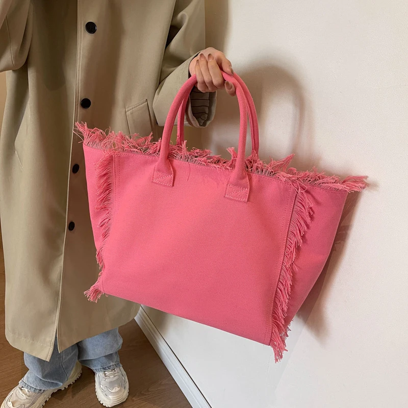 Chic Tassel Striped Canvas Beach Tote - Large Capacity Casual Shopping Bag