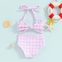 1-6Y Little Girls Bikini Sets Flower/Plaid Print Sleeveless Bow Bikini Tops with Shorts 2024 Summer Baby Swimsuit Kids Beachwear 3