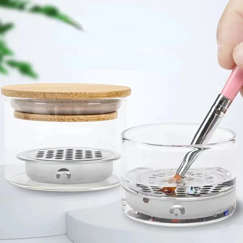 Description Picture 2 of item1Pcs Nail Brush Washing Cup Thickened Glass Pen Washing Crystal Cup Stainless Steel Filter Phototherapy Pen Washing Tool Cleaner