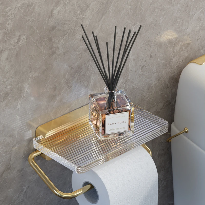 Toilet Paper Holder with Shelf-Wall Mount Bathroom Paper Roll Holder Rustproof Acrylic & Aluminum Toilet Tissue Gold