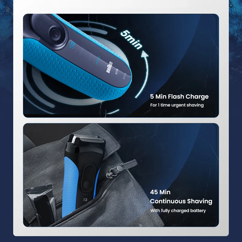브라운 전기 면도기 블루 시리즈 3 남성용 왕복식 면도기 충전식 방수 습식 건식 면도기 여행용