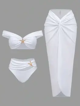 Women's Sexy Bikini Set Beachwear Metallic Starfish Bikini Folds Long Skirts Three Piece Sets Hot Girl Vacation Style Swimsuit 1