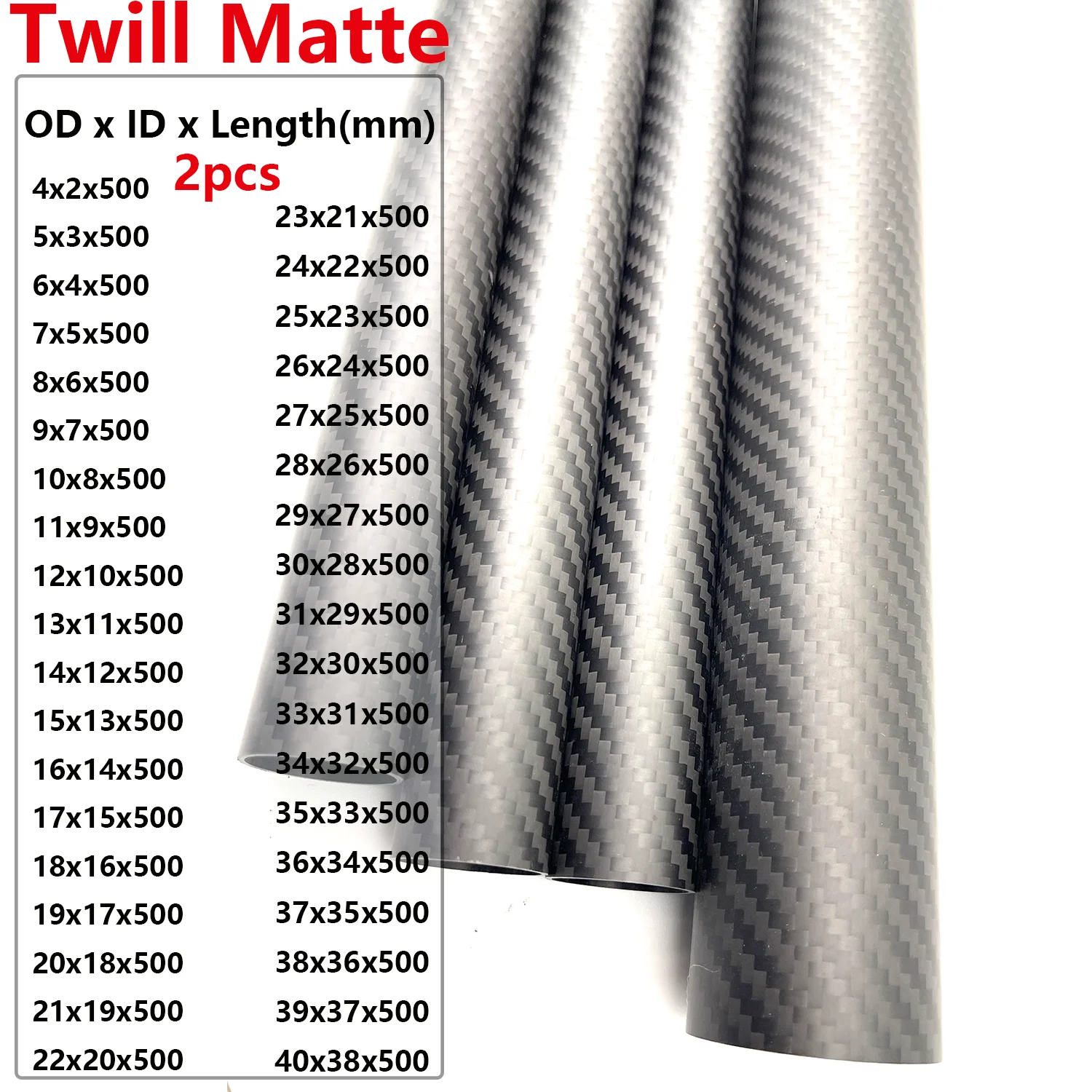 2 Pcs 3K Carbon Fiber Tube Twill Matte Length 500MM Thickness 1mm Outer Diameter 4-40MM Coil Tube Surface 3K Carbon Fiber carbon fiber tube