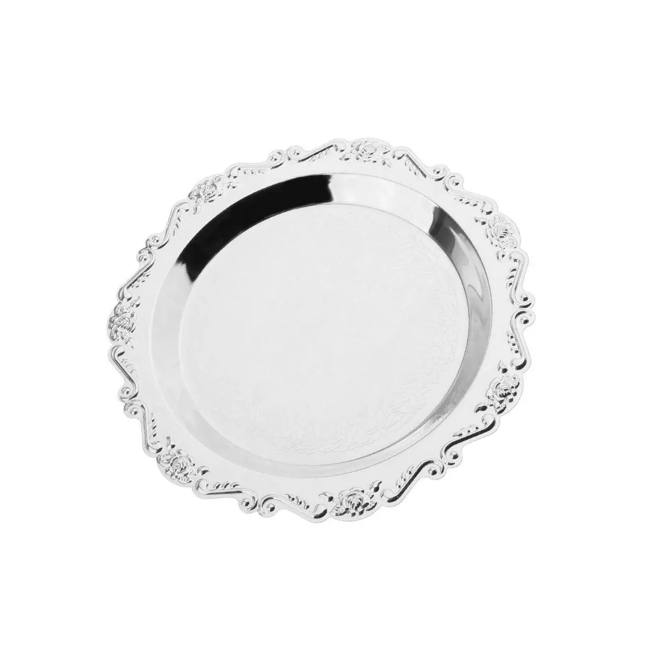 Description Picture 2 of itemSilver Round Metal Fruit Dish Pastry Plate Tea Dessert Serving Tray 25cm