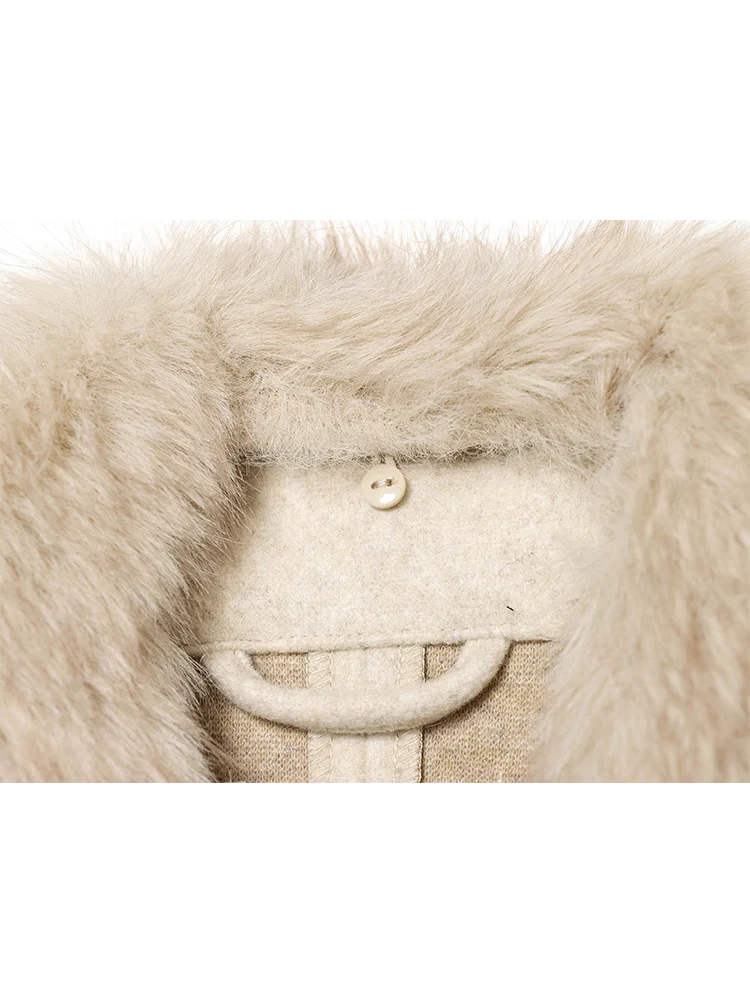  Winter New Women Double Breasted Woolen Coat Elegant Solid Faux Fur Collar Spliced Loose Fit Jacket Casual Lady Outerwear