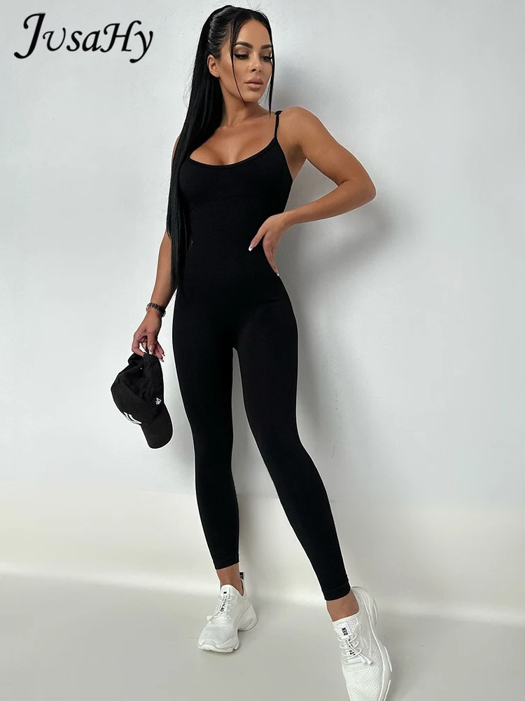 

JusaHy Women Autumn 2023 New Y2K Simple Classic Solid Elastic Skinny Slip Jumpsuit High Street Sporty Yoga Fitness Chic Tights