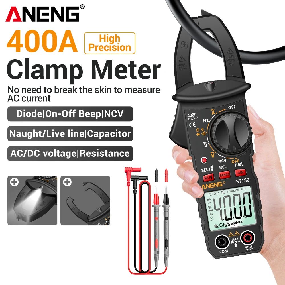 Digital Multimeter Clamp Meter ANENG ST180 AC Current Meter 4000 Counts Ammeter Voltage Tester Amp Hz Capacitance NCV Ohm Tool