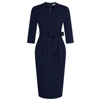 GK Women Midi Dress V-Neck Slim Fit OL 3/4 Sleeve Back Slit High Waist Bodycon Dress With Belt Elegant Office Work Dresses - Image 5