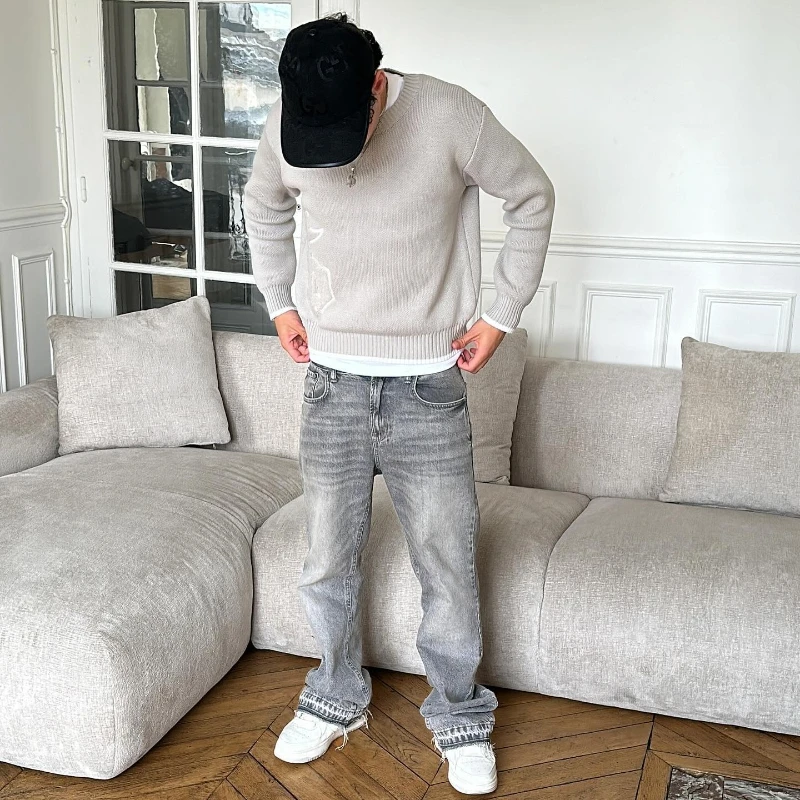 American Retro Y2K Dollar Embroidered Flared Jeans Simple Trendy Loose Wide-Leg Washed Jeans for Men and Women 2025 New