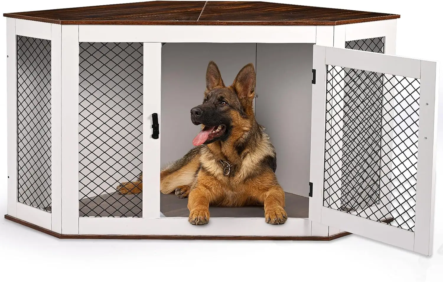 

Corner Dog Crate Furniture, Wooden Dog Kennel End Table with Door Furniture Style Dog House Pet Crate Indoor Use for Small Mediu