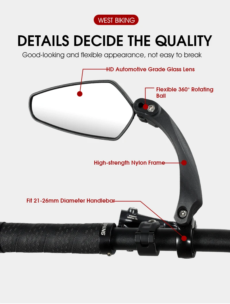 Description Picture 5 of itemWEST BIKING Bicycle Rearview Mirror 360 Degree Adjustable Bike Handlebar Rear View Mirror Cycling Accessories Bike Mirrors