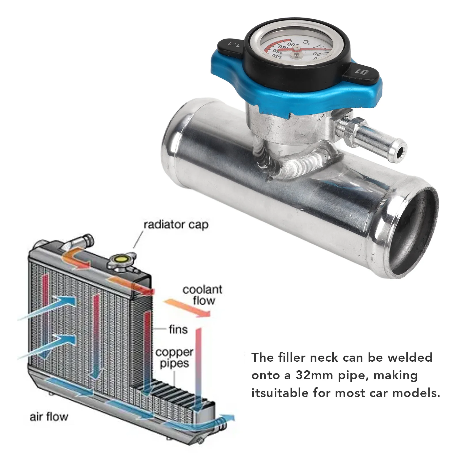 Cuello De Llenado En Línea Para Radiador, 38 Mm, 1‑1/2 Pulgadas De Diametro Exterior Con Tapa De Visualizacion De Temperatura Superficie Pulida De Aluminio T6061 Para Automoviles