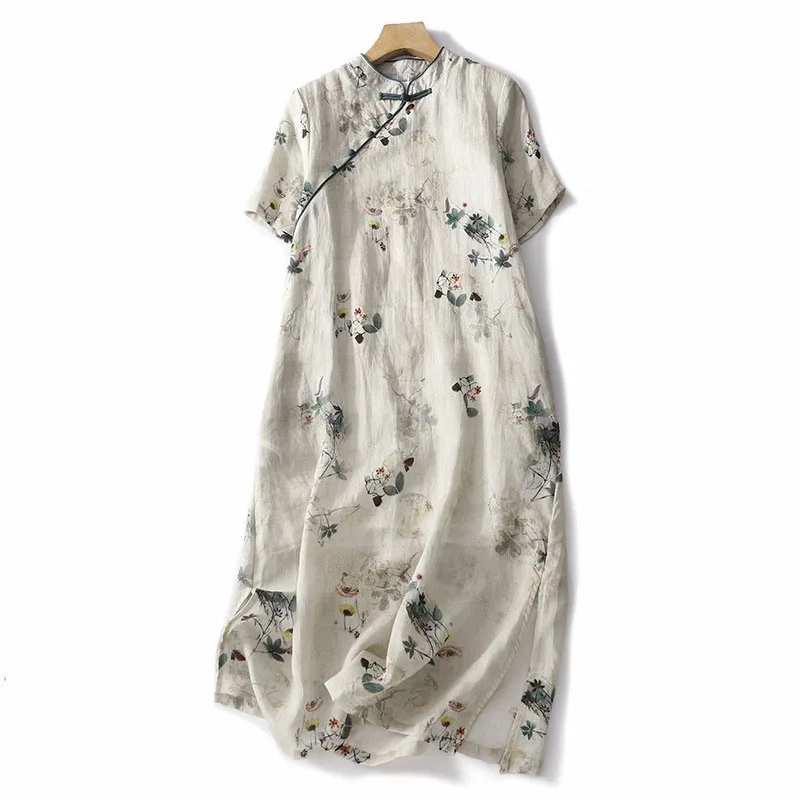 

Женское хлопковое винтажное платье-Ципао, бежевое мягкое свободное платье с цветочным рисунком, облегающее летнее платье, размеры от M до XXL