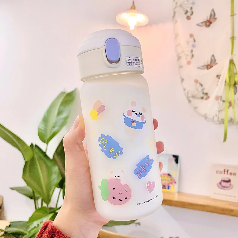 Cute Kawaii Frosted Sippy Glass Water Bottle Korean Cartoon Bounce Cover  Cups Portable Leakproof Girl Straw Water Cup For Kids - AliExpress