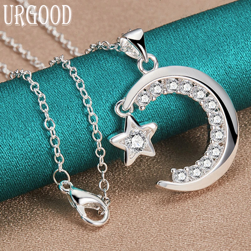 

925 Sterling Silver AAA Zircon Star Moon Pendant Necklace 16-30 Inch Chain For Women Party Engagement Wedding Fashion Jewelry