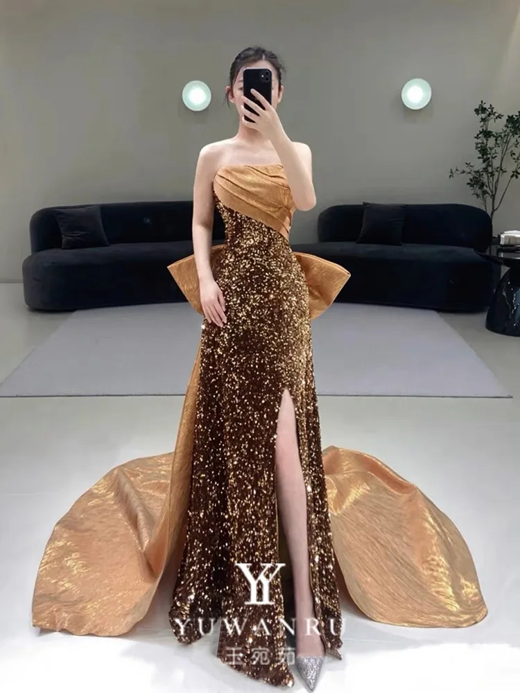 

Mermaid Off Shoulder Prom Dresses Split Side Champagne Gold Glitter Sequins Strapless Beading Pageant Wedding Evening Party Gown