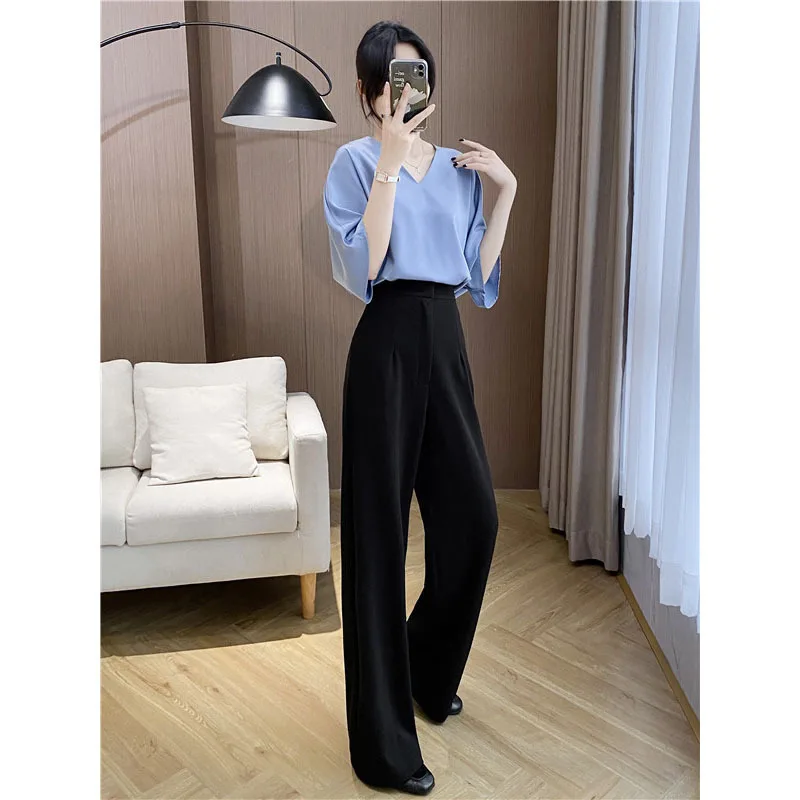 Spring Women Suit Pants Black Straight Wide-leg Tailored Trousers Casual Long Advanced Sense High Waist Drape Look Thin Blazer