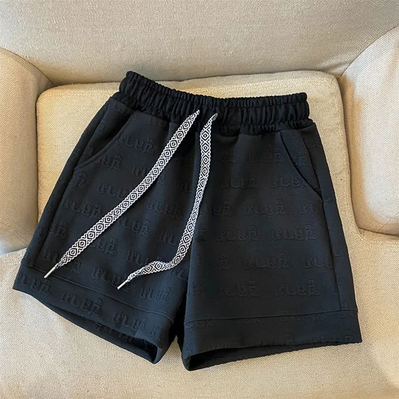 Summer New Lacing Elastic Waist Loose Shorts Solid Color Letter Printing All-match Wide Leg Pants Fashion Casual Women Clothing