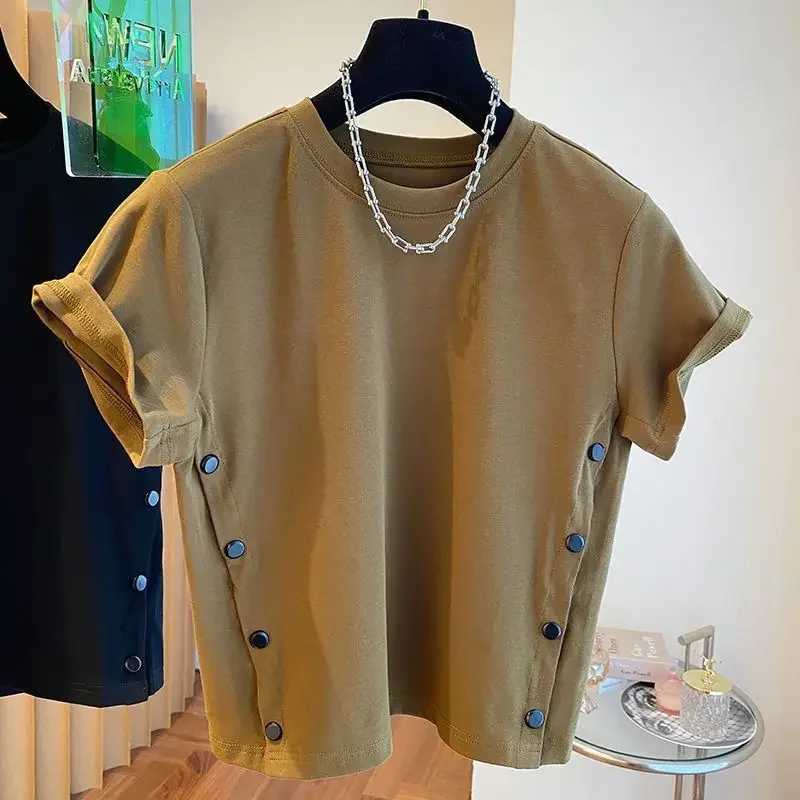 2024 Summer Double Breasted Shirt New Loose Casual Button Slit Round Neck Men's T-Shirt Short Sleeve Blouse Design Trendy Top 1