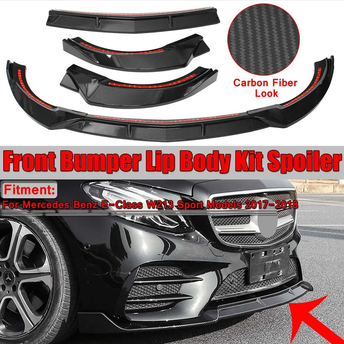 

3Pcs W213 Car Front Bumper Lip Chin Body Kits Guard For Mercedes For Benz E-Class W213 E200 E300 E320 17-18 Sport Version