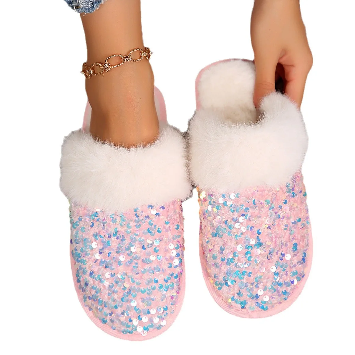 2024 Winter New Wool Slippers Women's Round Toe Sequins European and American Fashion Wear Toe Slippers in Stock