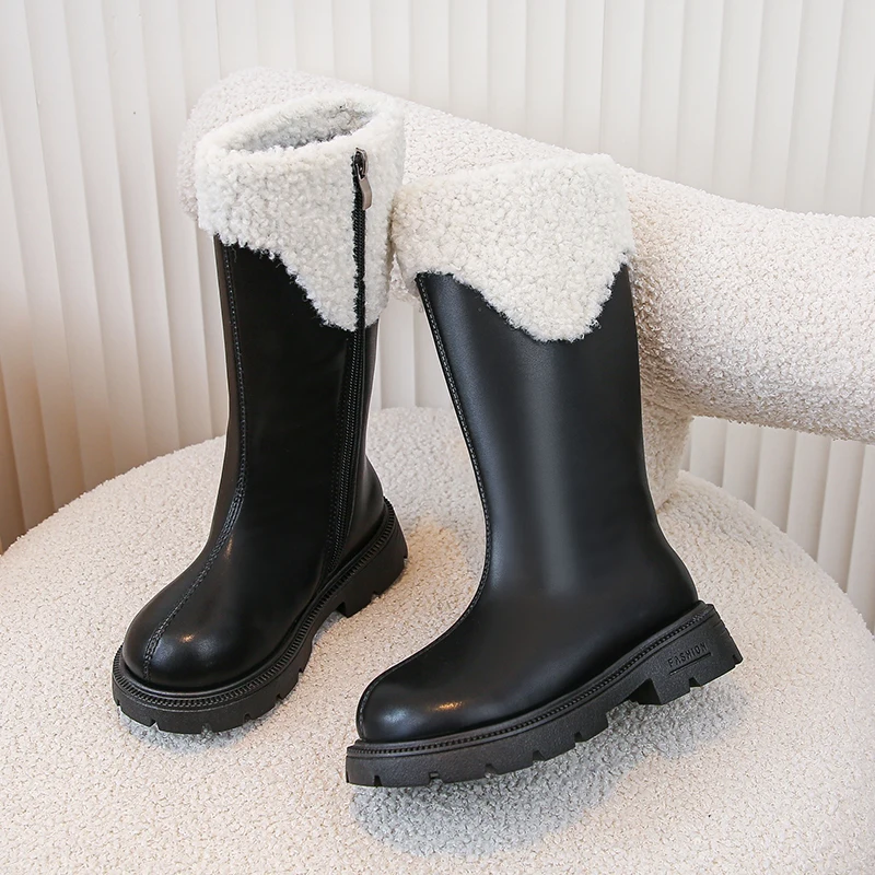 Girls Winter Leather Boots with Fur Soft Bottom Anti Slip