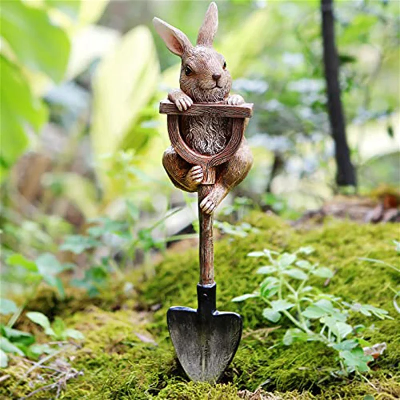 ABGE-2X Bunny Statue Whimsical Garden Decor For Outside, Resin Bunny Figurine On Shovel, Outdoor Lawn Decoration