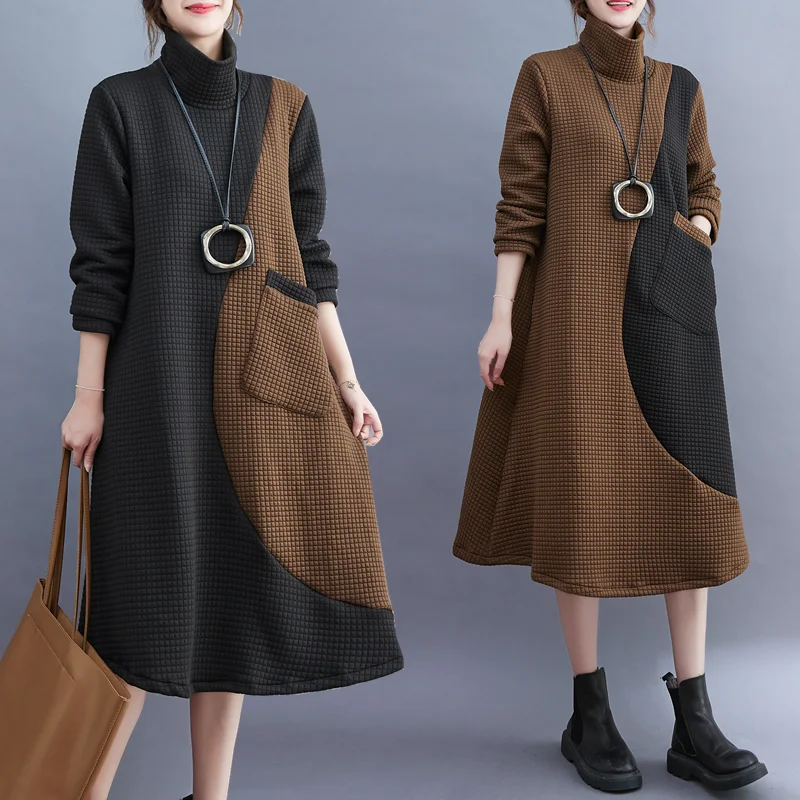 

Spring Autumn Irregular Stitching Contrasting Color High-necked Dress Women's Clothing Winter Loose Dress bd515