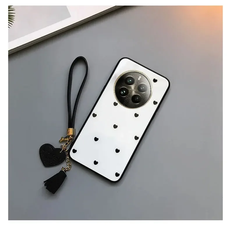 Love Heart Pattern Tempered Glass Shockproof Protection Case with Tassel Lanyard